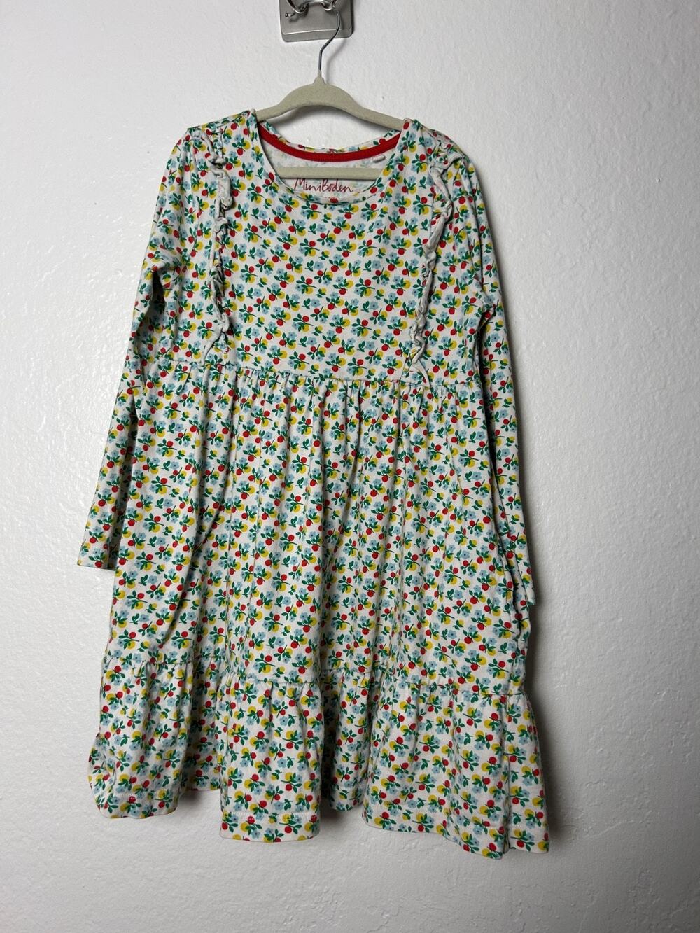 Mini Boden Frilled Tiered Jersey Dress Flowers Multicolor Long Sleeve Size 6-7Y